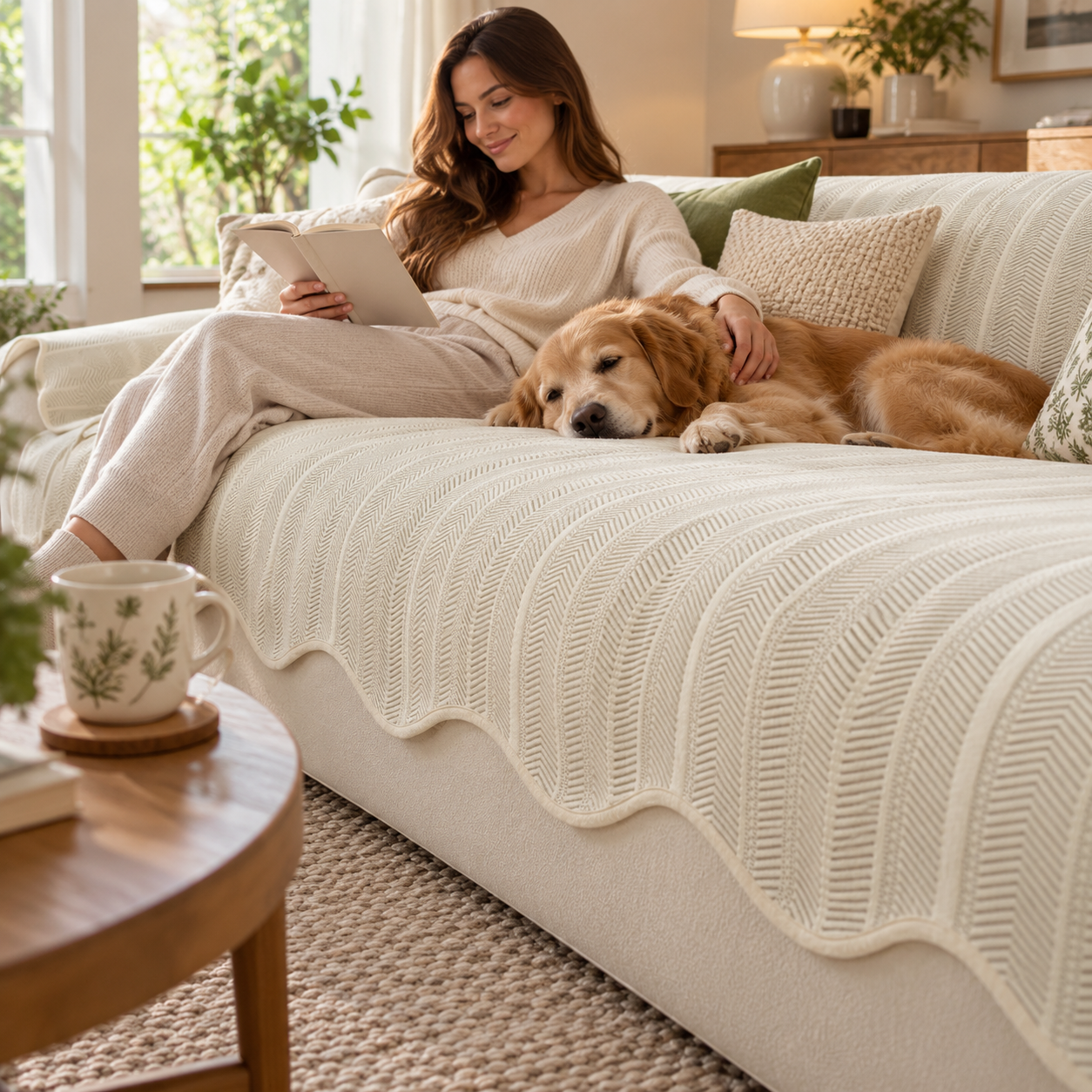 Couch Cover Herringbone Pattern Scalloped Edge Machine Washable