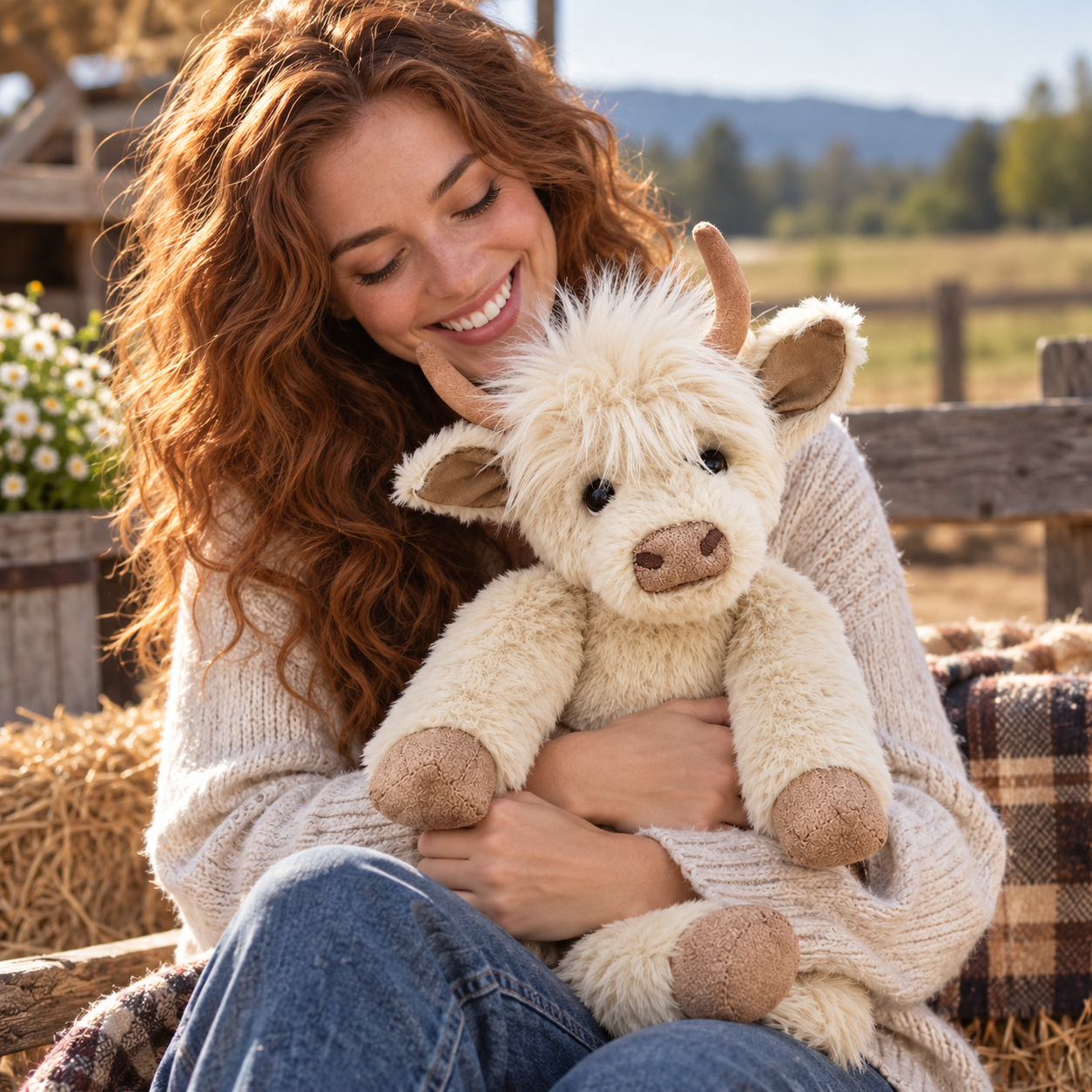 Highland Cow Plush Toy Flowers Soft Stuffed Animal Decor