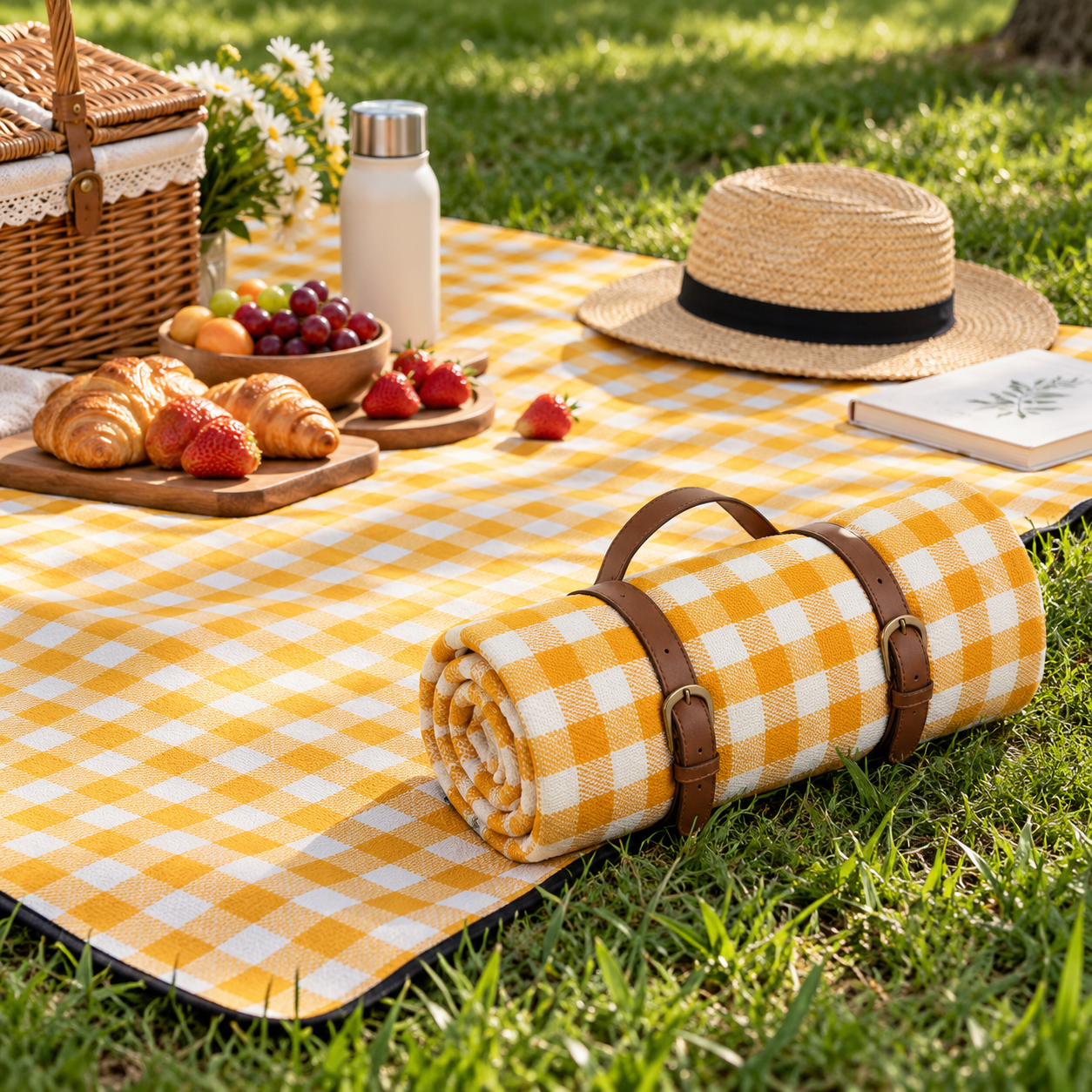 Picnic Blanket Foldable Outdoor Plaid Carry Straps Padded Layer