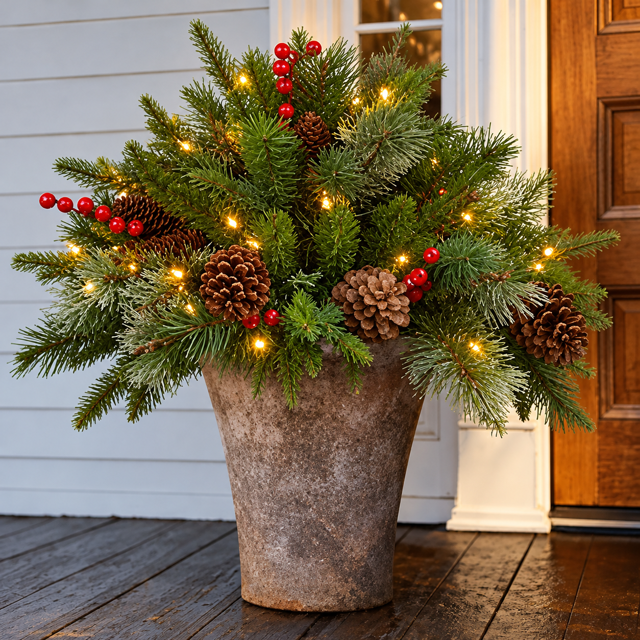 Pre-Lit Artificial Christmas Tree Urn Filler Pinecones Lights