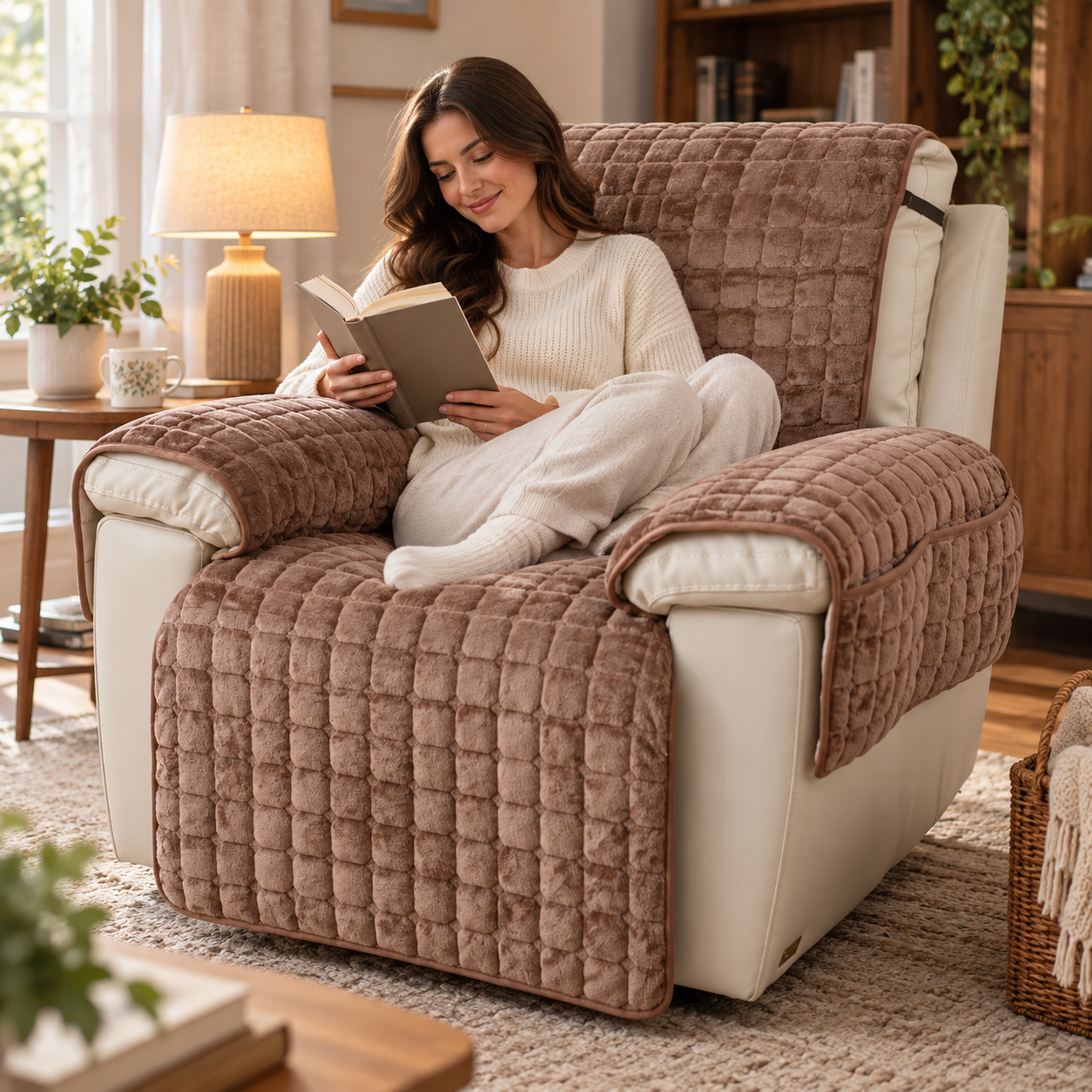 Recliner Cover Soft Plush Grid Design Furniture Protection