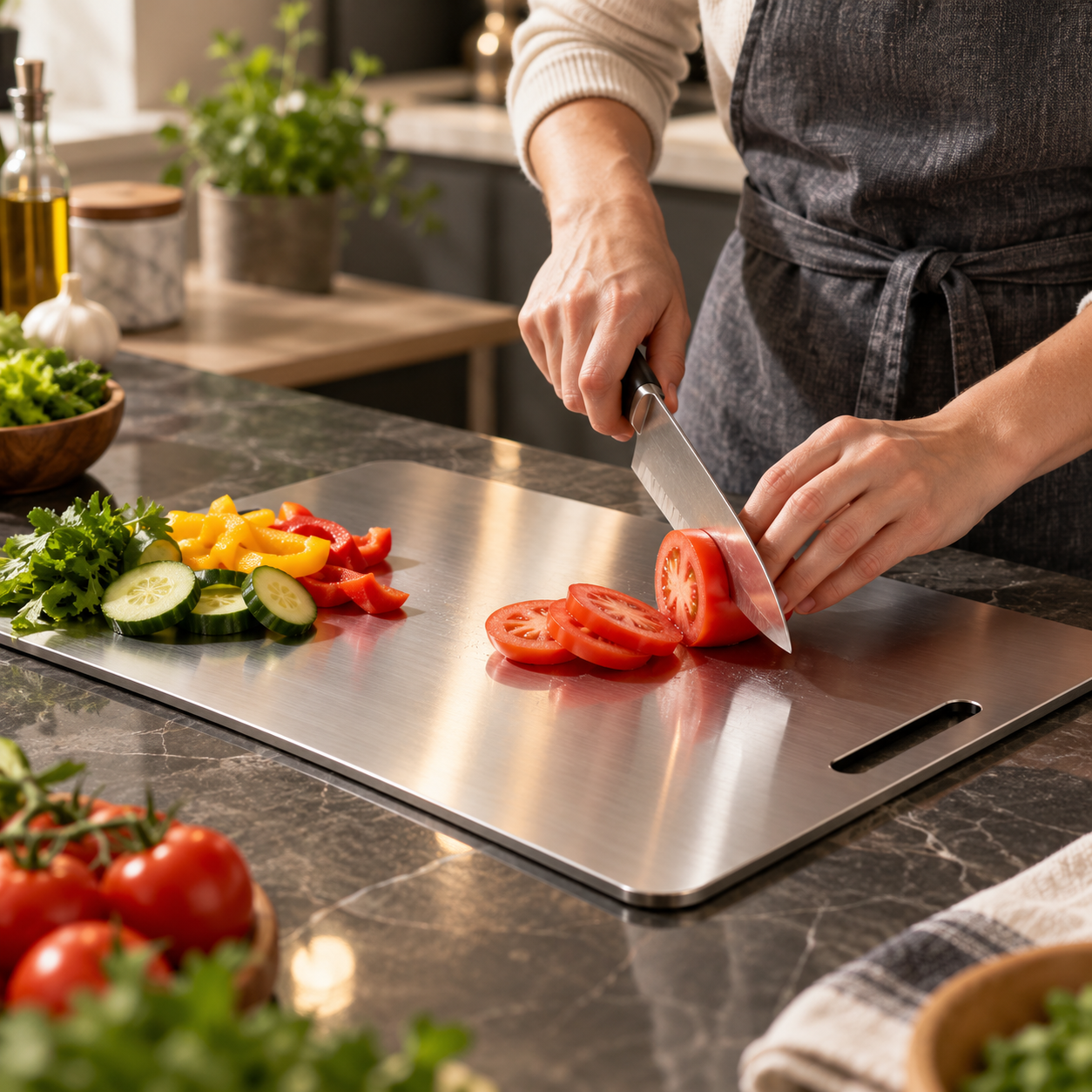 Stainless Steel Cutting Board Kitchen Prep Rectangular Handle Slot