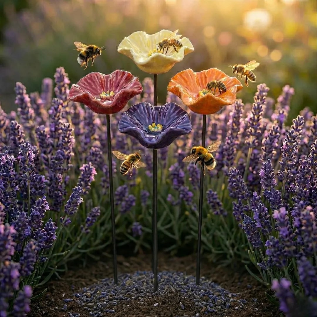 Flower Garden Stakes Handmade Weatherproof Ceramic Bee Feeders 4 - Image 1