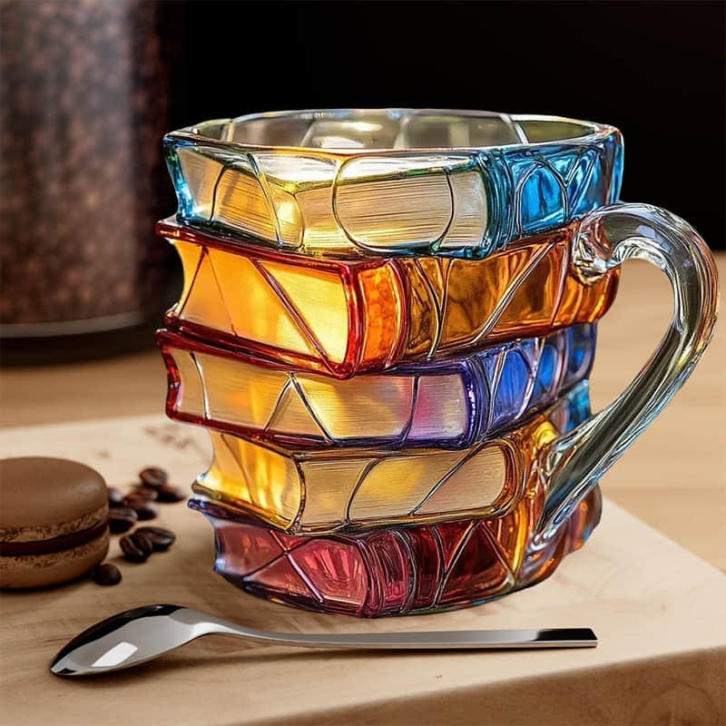 Handmade 3D Book Stack Coffee Mug Colorful Glass Design - Image 2