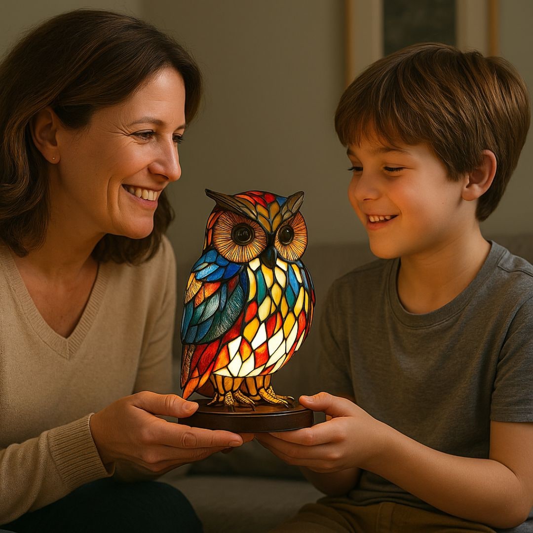 Owl Table Lamp Colorful Stained Glass Night Light Room - Image 2