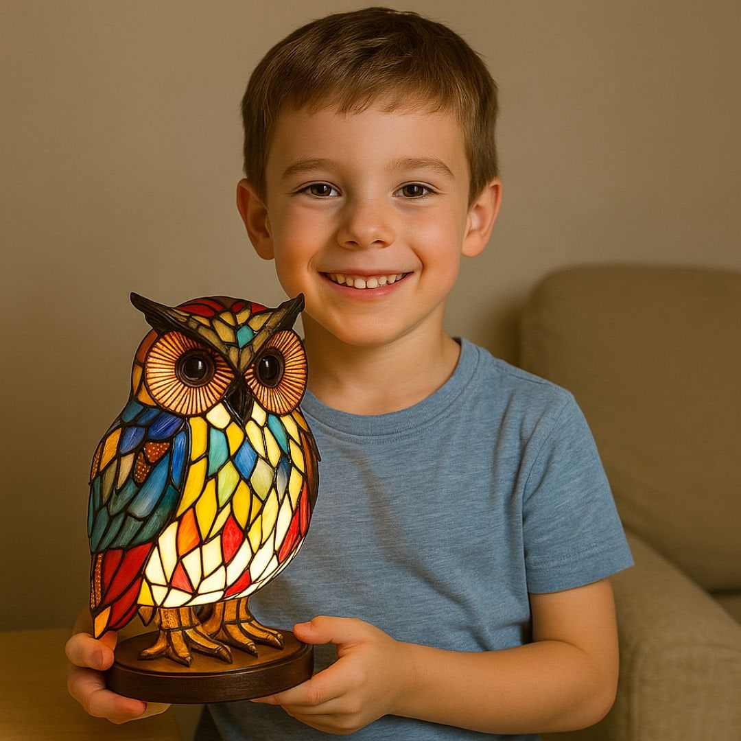 Owl Table Lamp Colorful Stained Glass Night Light Room - Image 3