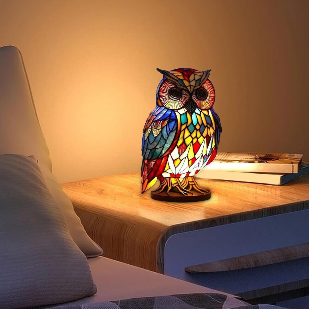 Owl Table Lamp Colorful Stained Glass Night Light Room - Image 4
