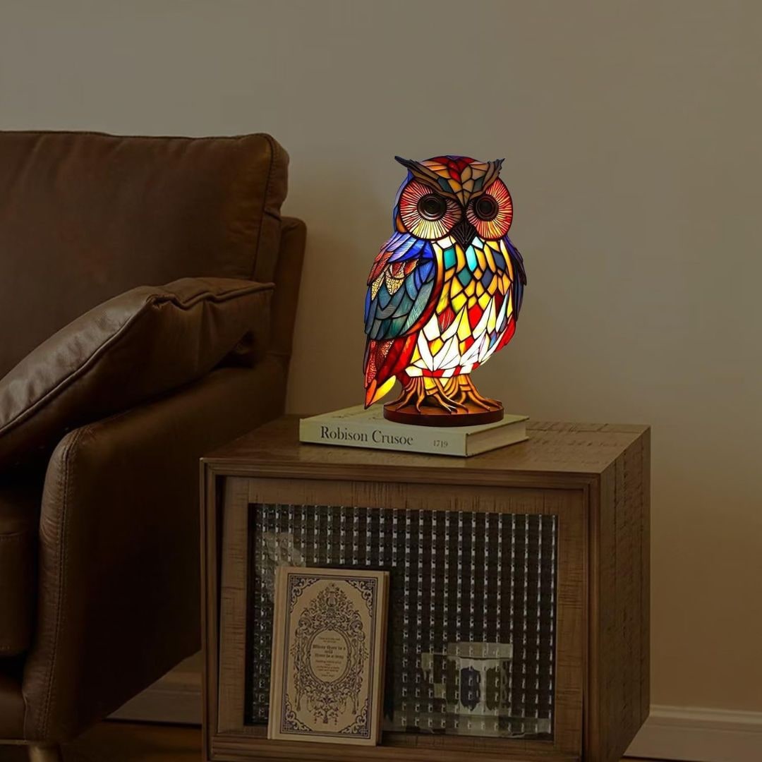 Owl Table Lamp Colorful Stained Glass Night Light Room - Image 5