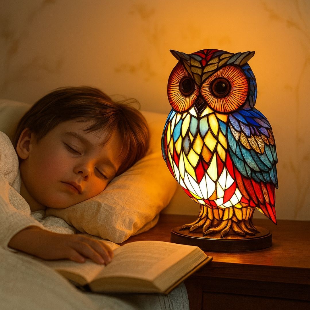 Owl Table Lamp Colorful Stained Glass Night Light Room - Image 7