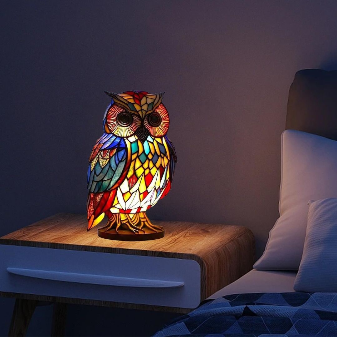 Owl Table Lamp Colorful Stained Glass Night Light Room - Image 8