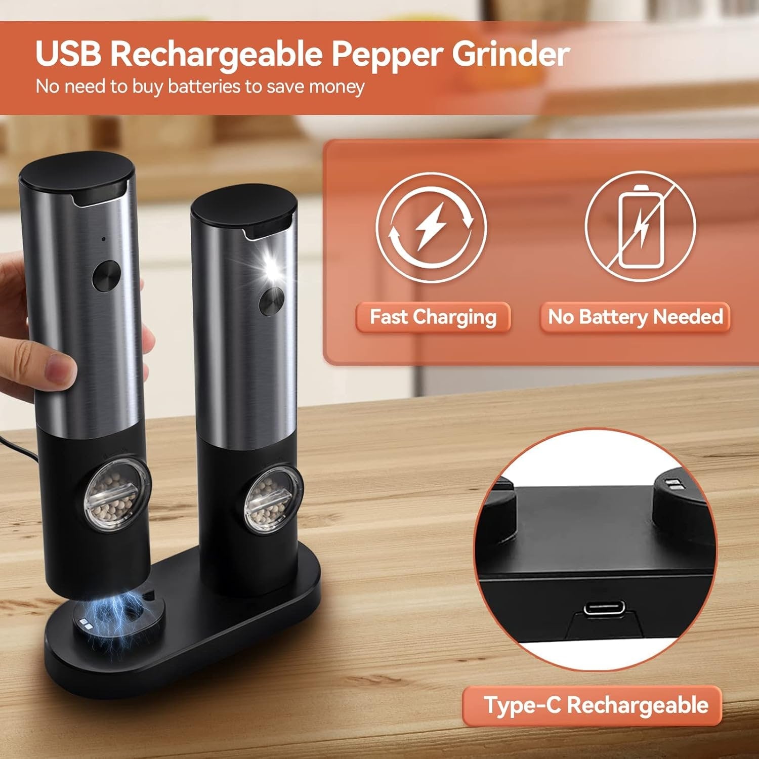 Rechargeable Electric Salt and Pepper Grinder Set Kitchen Use - Image 3
