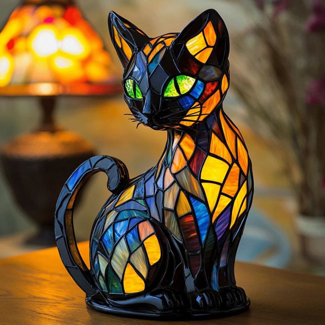 Stained Glass Cat Table Lamp Handmade Colorful Home Decor Accent - Image 1