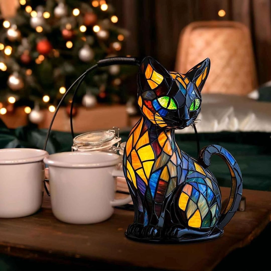 Stained Glass Cat Table Lamp Handmade Colorful Home Decor Accent - Image 2