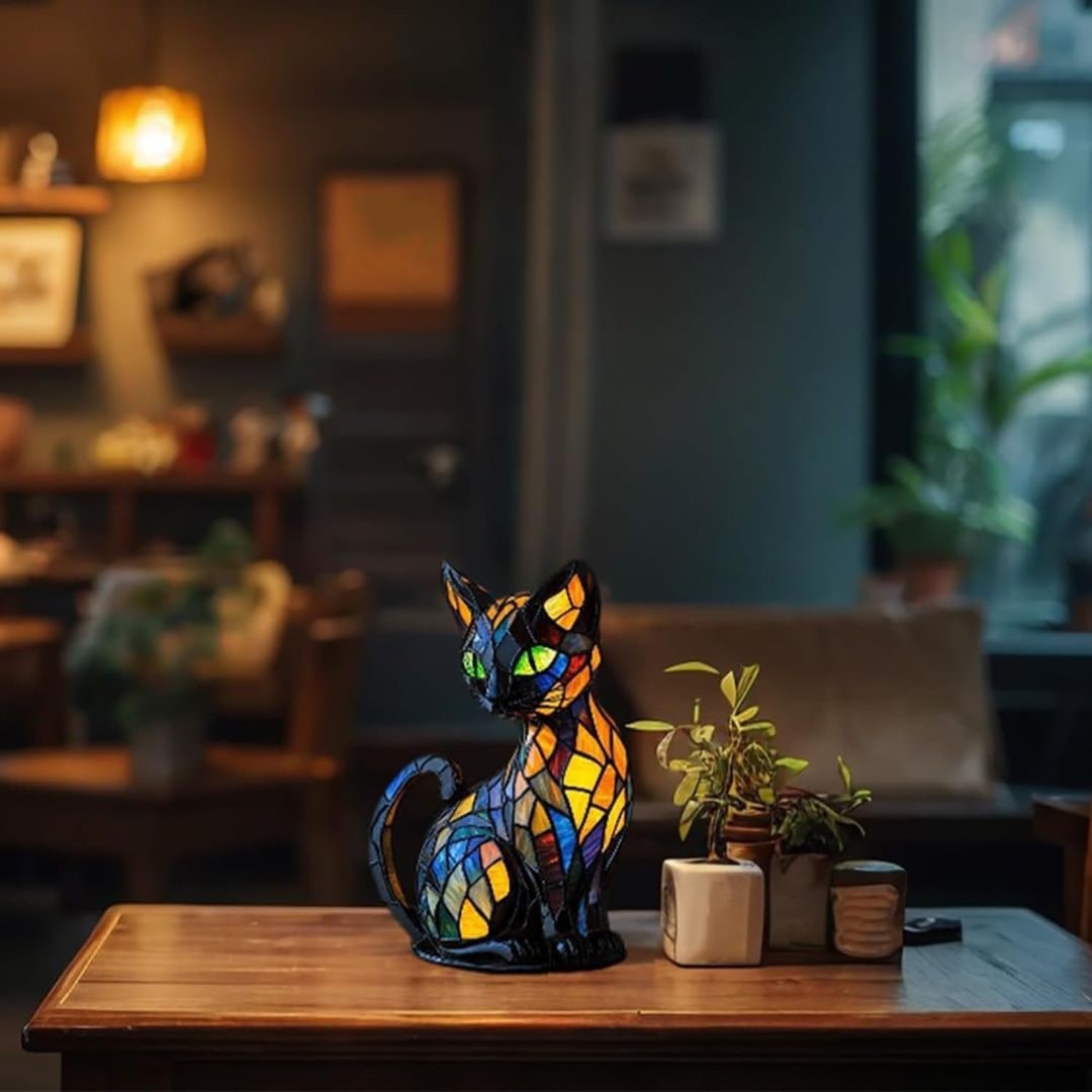 Stained Glass Cat Table Lamp Handmade Colorful Home Decor Accent - Image 4