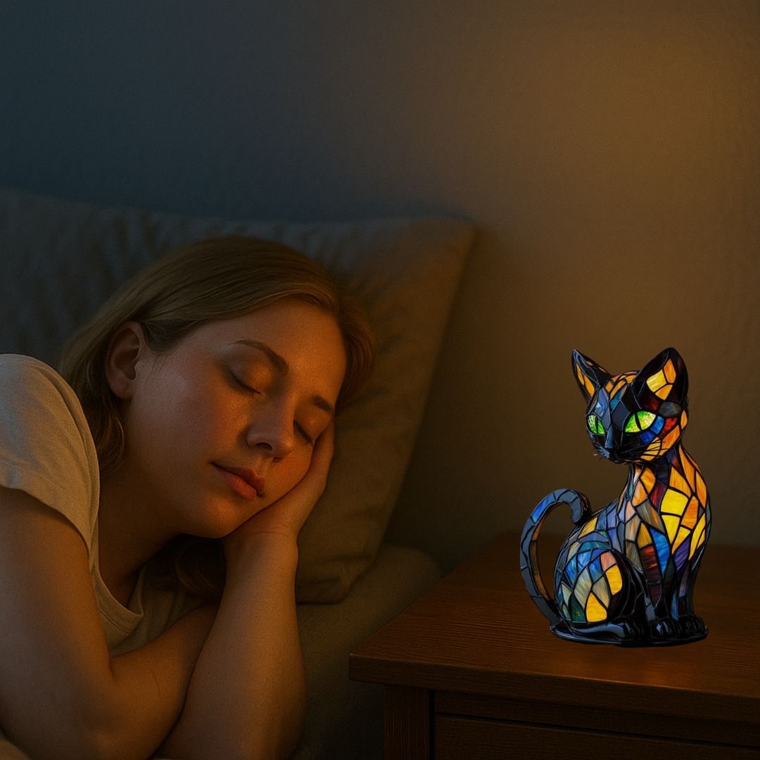 Stained Glass Cat Table Lamp Handmade Colorful Home Decor Accent - Image 5