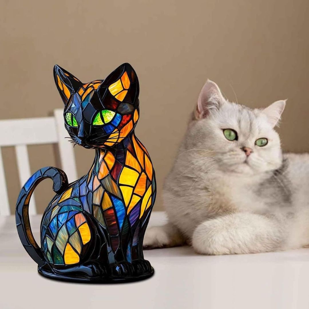 Stained Glass Cat Table Lamp Handmade Colorful Home Decor Accent - Image 6