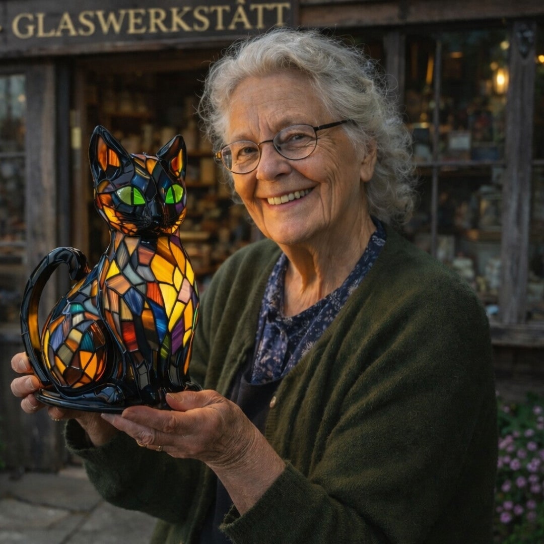 Stained Glass Cat Table Lamp Handmade Colorful Home Decor Accent - Image 8