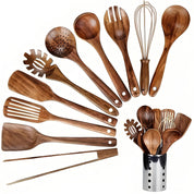 Teak Kitchen Utensil Set Holder 11-Piece Natural Wood Tools - Image 1