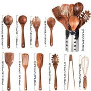 Teak Kitchen Utensil Set Holder 11-Piece Natural Wood Tools - Image 5